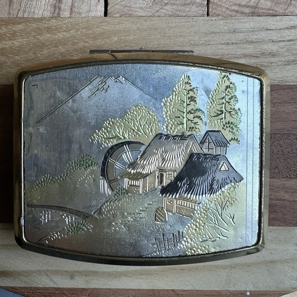 VTG Japanese Damascene Compact Case 2.75 Inch Mirror Temple Mount Fuji Guilloche